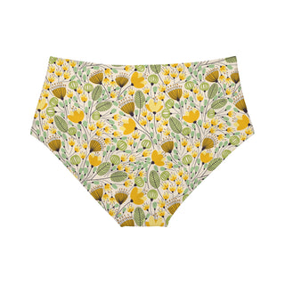 Women's High-Waist Bikini Bottoms, 60s Mod Floral Yellow Swimsuit Bottoms Berry Jane