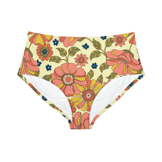 Women's High-Waist Bikini Bottoms, 70s Retro Floral Swimsuit Bottoms Berry Jane