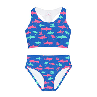 Girls Two Piece Swimsuit, Electric Blue Sharks All Over Prints Berry Jane