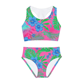 Girls Two Piece Swimsuit, Beach Bliss  Pink Floral Kids Swimwear Berry Jane