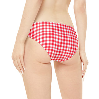Women's Side Tie Bikini Bottom, Red Gingham July 4th Swimwear Swimsuit Bottoms Berry Jane