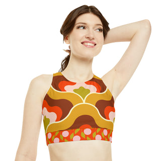Women's Surf Swimsuit High Neck Crop Bikini Top, 70s Mod Floral Swimsuit Tops Berry Jane