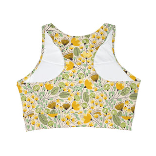Women's High Neck Crop Bikini Top, 60s Mod Floral Yellow Swimsuit Tops Berry Jane