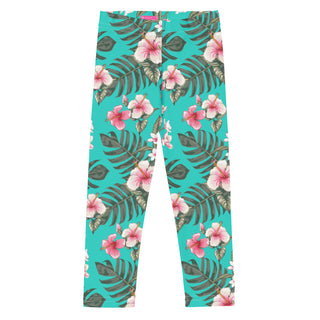 Girls UPF 50+ Sun Protection Swim Leggings, Hawaiian Tropical Turquoise Kids Swim Leggings Berry Jane™