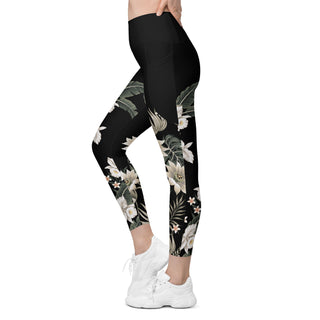 7/8 Length UPF 50+ Swim Leggings w/Pockets - Black Hawaiian Lily Swim leggings Berry Jane™