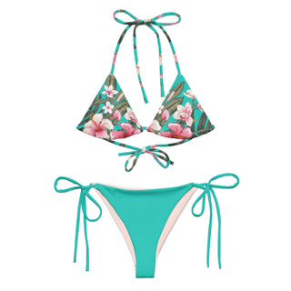 Women's 2 Pc String Bikini eco-recycled string bikini, Turquoise Hawaiian Floral 2 Pc Swimsuit Set Berry Jane™