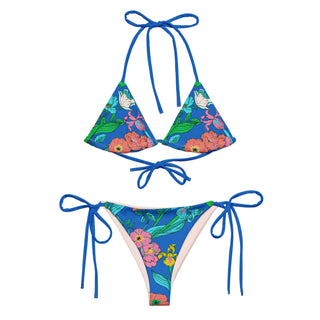 Women's Eco-Recycled String Bikini Set, Electric Blue Floral 2 Pc Swimsuit Set Berry Jane™