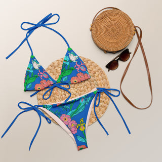 Women's Eco-Recycled String Bikini Set, Electric Blue Floral 2 Pc Swimsuit Set Berry Jane™