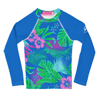 Kids UPF 50+ Rash Guard, Sun Protection Swim Shirt Unisex Electric Blue Floral Kids Rash Guards & Swim Shirts Berry Jane™