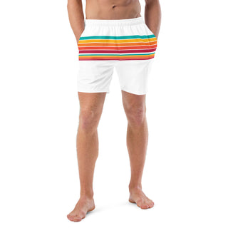 Men's White 70s style Stripes Swim Trunks, long swim shorts with pockets