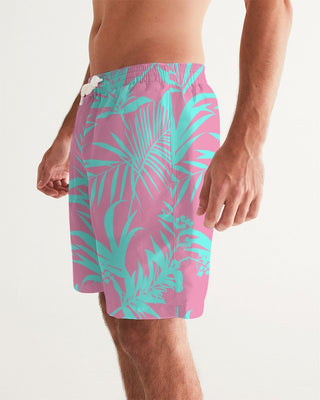 Pink and Teal Tropical Floral Leaf Men's Swim Trunks, UPF 50+ Swim Trunks Berry Jane™