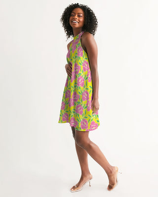 Women's Halter Sun Dress, Pink Peony Blooms - Beach, Cruise, Resort Dresses Berry Jane™