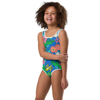 Girls One-Piece Floral Swimsuit, Electric Blue Paradise (2T-7) Kids Swimwear Berry Jane™