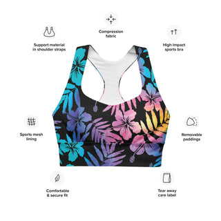 Plus Size Longline Compression Swim Bra Sports Bra - Floral Hibiscus Hawaii Sports Bra Berry Jane™