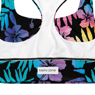 Plus Size Longline Compression Swim Bra Sports Bra - Floral Hibiscus Hawaii Sports Bra Berry Jane™