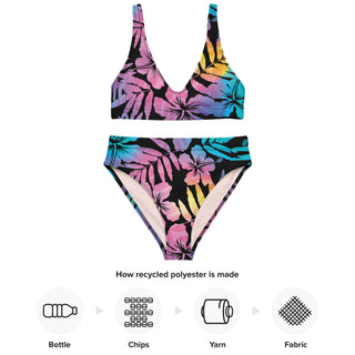 Women's Recycled High-Waist Bralette Bikini Set, Rainbow Floral Hibiscus 2 Pc Swimsuit Set Berry Jane™