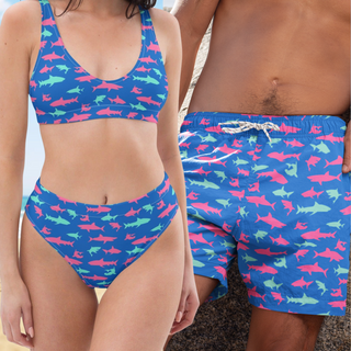 His Hers Matching Couples Swimsuits, Bikini Set - Electric Blue Sharks 2 Pc Swimsuit Set Berry Jane™