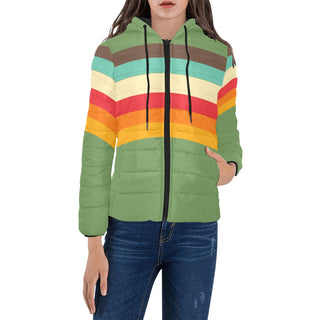 Women's 70s Stripe Retro Puffer Hoodie Jacket, Apple Green Puffer Jacket Berry Jane