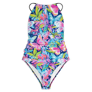 Women's One Piece Halter Swimsuit, Butterfly Floral Swimwear Berry Jane