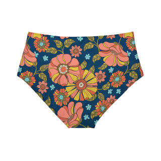 Women's High-Waist Hipster Bikini Bottom, 70's Retro Floral Swimsuit Bottoms Berry Jane
