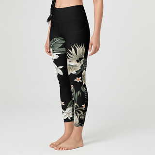 Women's 7/8 Length UPF50+ Swim Leggings w/Pockets - Black Hawaiian Lily Swim leggings Berry Jane™