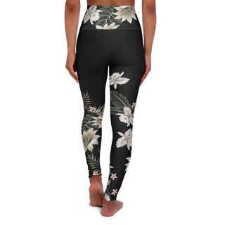 Womens High Waisted Surf Swim Paddleboard Leggings, Black Hawaiian Lily Swim leggings Berry Jane