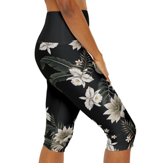 Women's UPF 50 Swim Capri Shorts Leggings, Black Hawaiian Lily Swim leggings Berry Jane