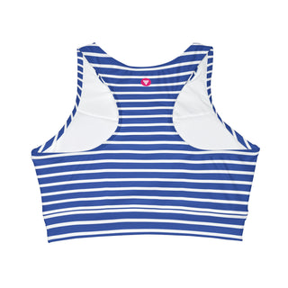 Women's High Neck Cropped Bikini Top, Nautical Blue Beach Stripe Swimsuit tops Berry Jane