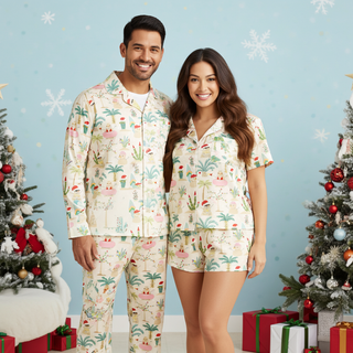 Man and woman wearing matching pajama sets with a Christmas-themed print