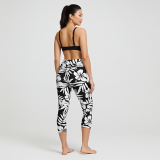 Berry Jane Women's Hawaiian Swim Leggings Capris, Black White Floral Swim leggings Berry Jane™