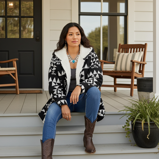 Women’s Southwestern Boho Print Fleece Sherpa Lined Jacket with Hood, Black