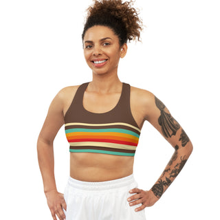 Women's Seamless Sports Bra,  Medium Support - 70s Stripe Brown Sports Bra Berry Jane