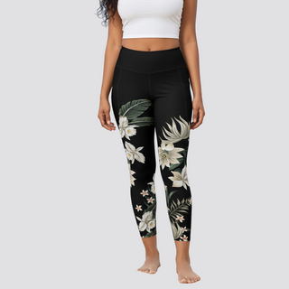 Women's 7/8 Length UPF50+ Swim Leggings w/Pockets - Black Hawaiian Lily Swim leggings Berry Jane™