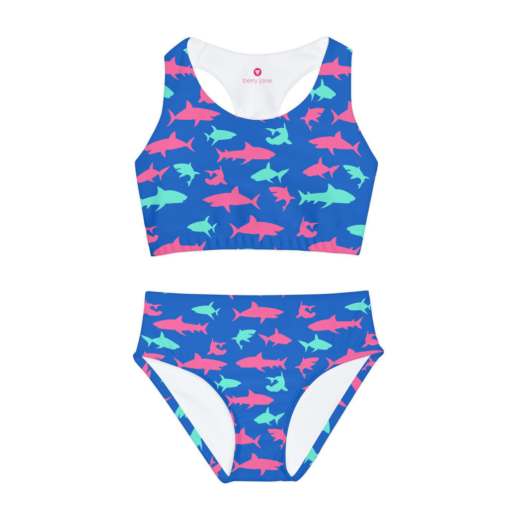 Girls Two Piece Swimsuit, Electric Blue Sharks – Berry Jane™