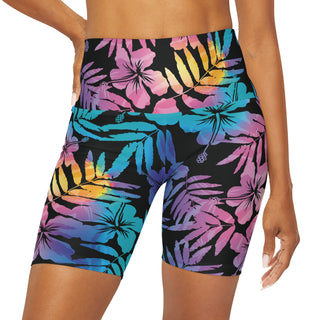 7" High Waisted Long Swim Shorts, Ombre Hawaiian Hibiscus swim shorts Berry Jane