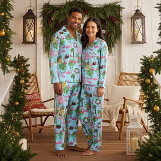 Couple wearing matching festive beach style pajamas, turquoise blue