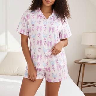 Women's Cute Pastel Chickens Jersey Knit Pajama Shorts Set, Pink Women's Pajama Sets Berry Jane™
