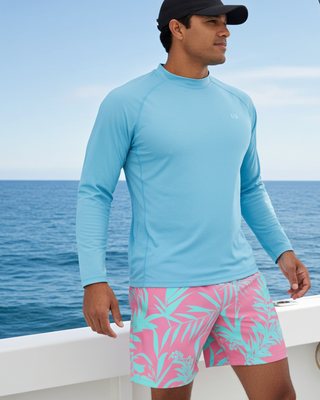 His and Hers Swimsuits - Men's Swim Trunks, Tropical Pink Sea Blue Swim Trunks Berry Jane™