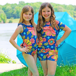 Girls 1-Pc Boy Short Rash Guard Surf Swimsuit, 70s Vintage Floral Kids Swimwear Berry Jane™