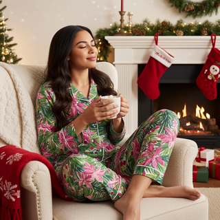 Women's Hawaiian Christmas Pajama Set, Floral Poinsettia, Pink and Green Women's Pajama Sets Berry Jane