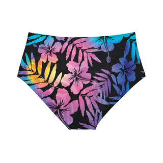 Mid-Waist Bikini Bottoms, Hawiian Floral Hibiscus Swimsuit Bottoms Berry Jane