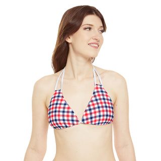 Red, White, Blue Check Plaid, Classic Triangle Bikini Top Swimsuit Tops Berry Jane