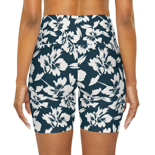 Women's 7" Long High-Waisted Swim Shorts, Blue Hawaiian Hibiscus Swim Shorts Berry Jane