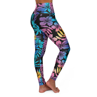 Women's High Waisted Swim Leggings, Floral Hawaiian Hibiscus Swim leggings Berry Jane