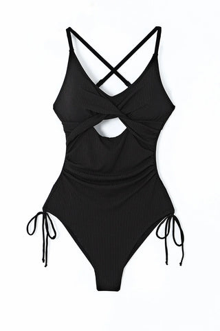 One Piece Swimsuit Monokini Cutout Front with Ruched Ties, Black one piece swimsuit Berry Jane