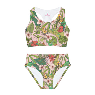 Girls Two Piece Surf Active Swimsuit, Vintage Tropical Floral Girls Swimwear Berry Jane