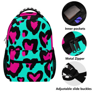 Kids Large 15" School Backpack, 80s Leopard Hearts Backpacks Berry Jane