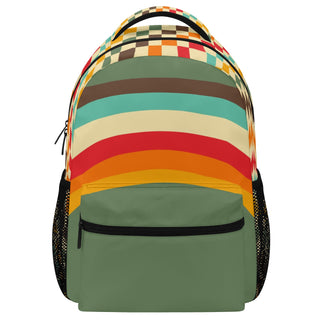 Kids Large Double Pocket Backpack, 70s Vintage Retro Rainbow Backpacks Berry Jane