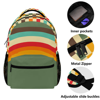 Kids Large Double Pocket Backpack, 70s Vintage Retro Rainbow Backpacks Berry Jane