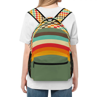 Kids Large Double Pocket Backpack, 70s Vintage Retro Rainbow Backpacks Berry Jane